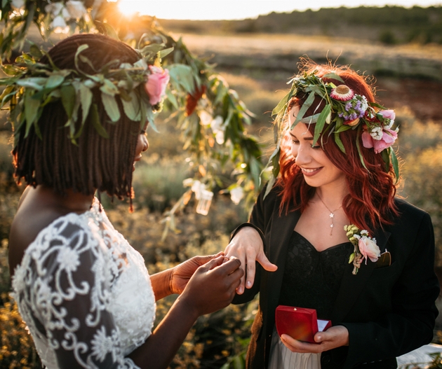 Couple exchanging rings in outdoor wedding ceremony