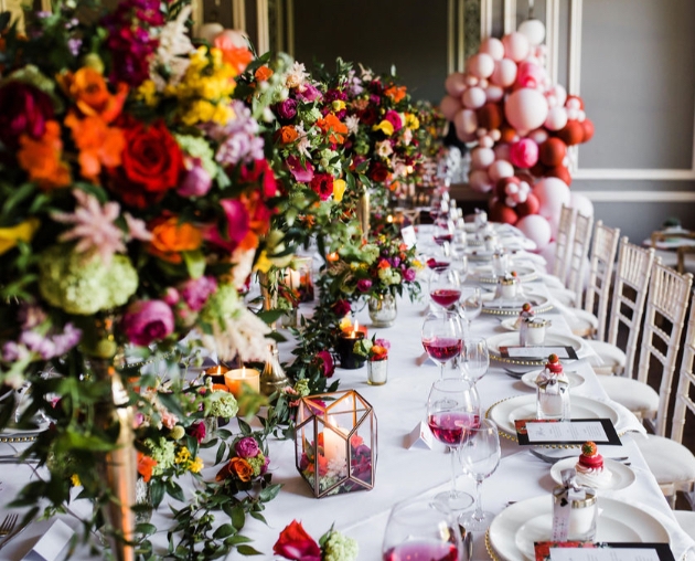 Luxurious wedding table styling with colourful flowers and balloons by Yorkshire's Luxe by Minihaha & Co.