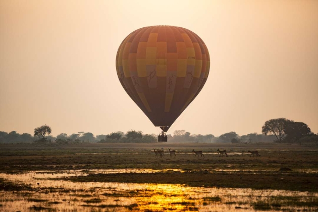 hot air balloon ride at sunset over desert