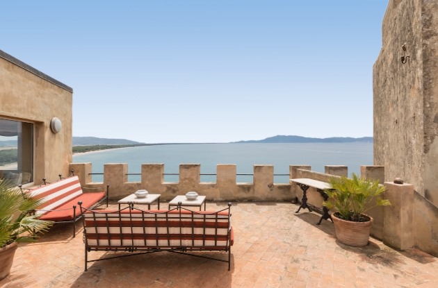 Ocean view from terrace with loungers