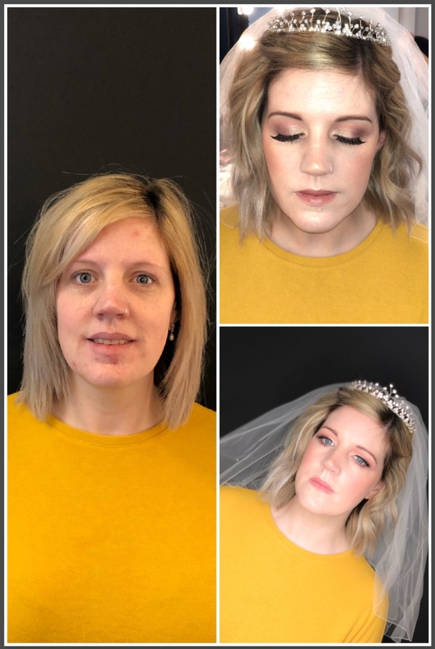 Before and after of blonde model wearing bridal make up