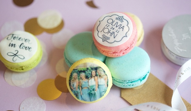 Macaron in pastel colours with photos on