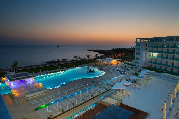 pool area and hotel at night