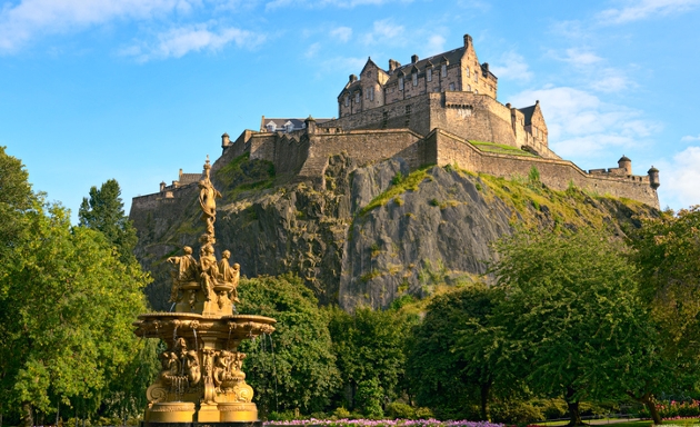 Edinburgh Castle, Scotland on the mound with water fountain in the gardens below