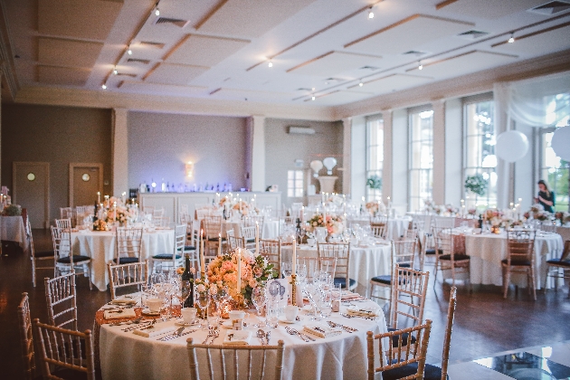 Round tables decorated for a wedding