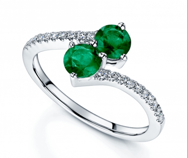 Berry's Platinum Round Brilliant Cut Emerald Two Stone Twist Ring With Diamond Set Shoulders