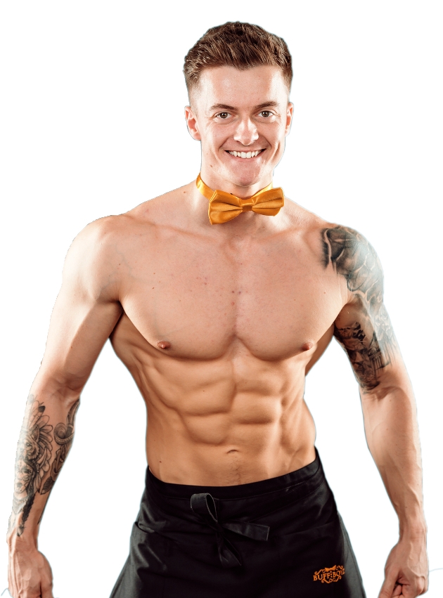 male model shirtless wearing bow tie