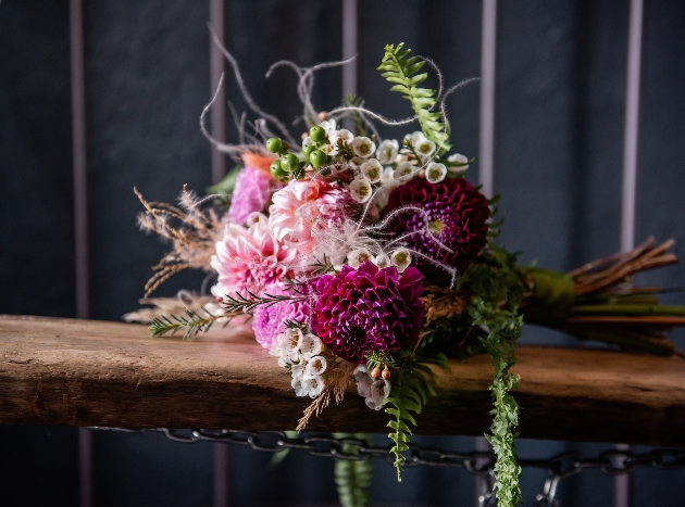 rustic bouquet of flower including pink dhalia
