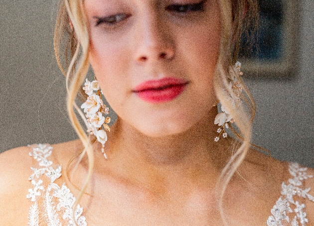 Bride wearing pear drop earrings