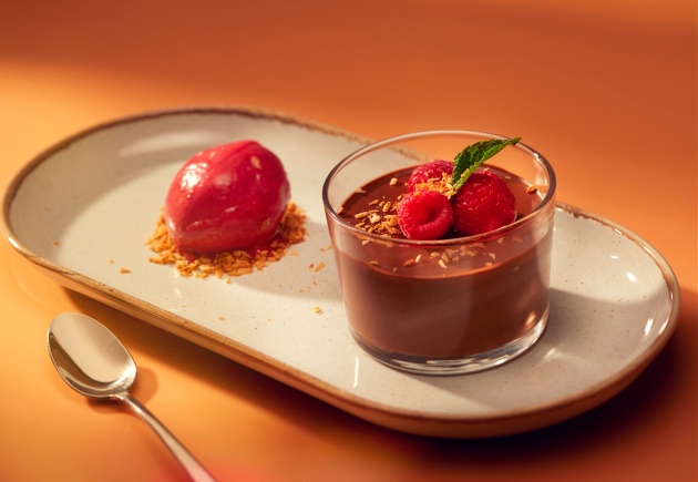 chocolate dessert  and raspberry sorbet