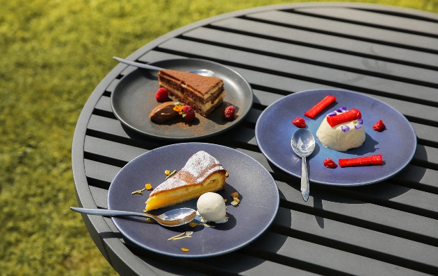 three beautiful desserts plated up on outside table