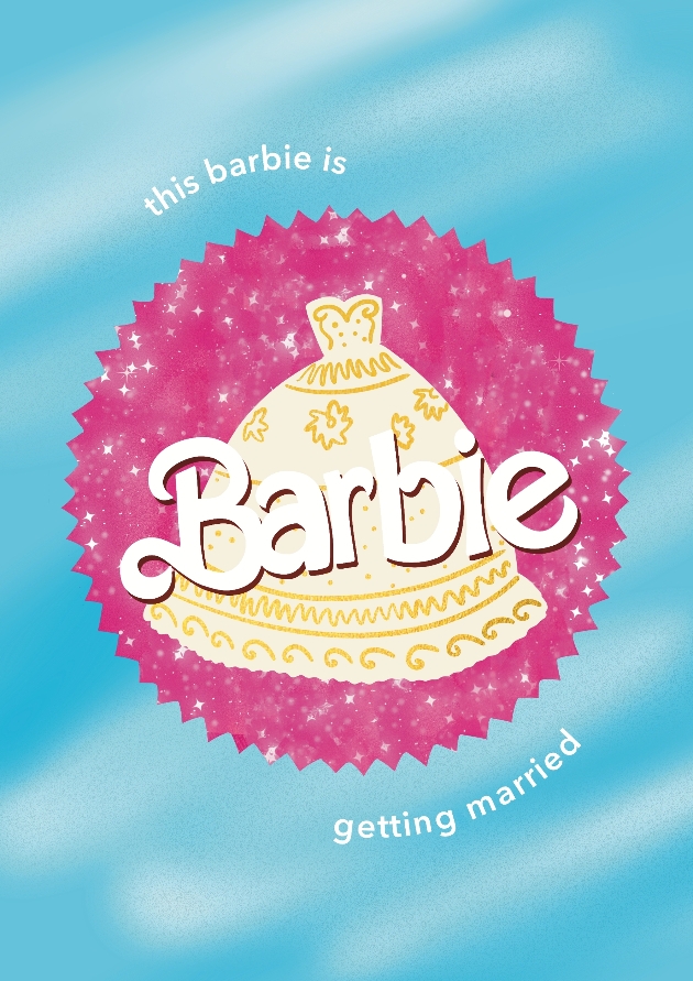 card with wedding dress on it with the word barbie