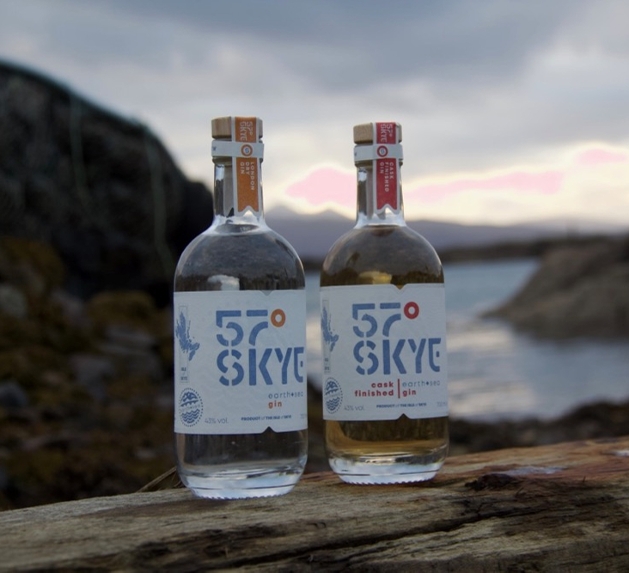 two gin bottles on a wooden ledge sea in background