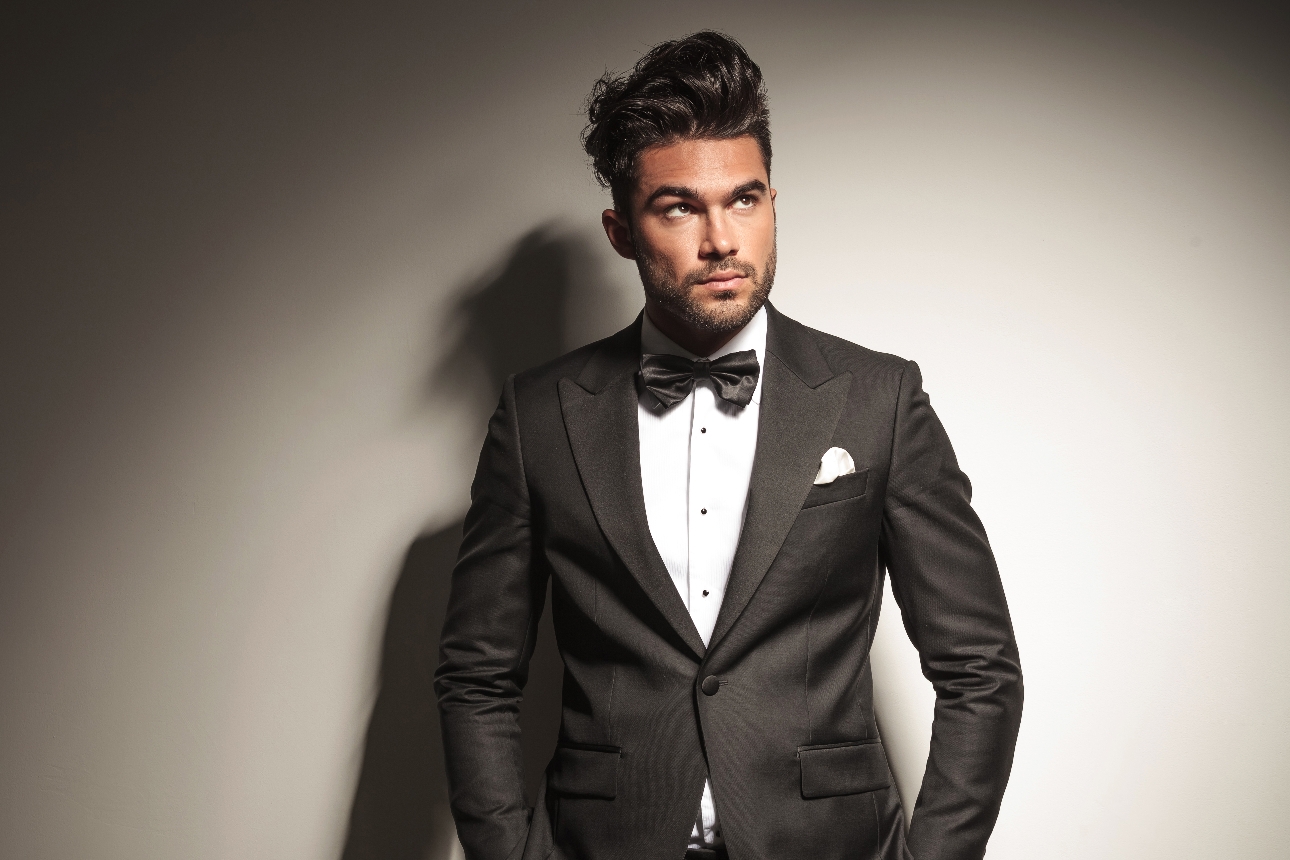 model in black tuxedo 