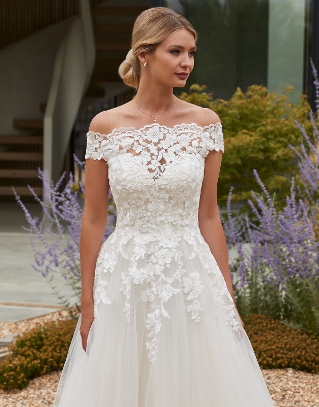 model in dress with lace off the shoulder design