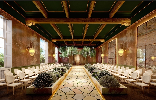 ceremony room, rustic yet luxe, white chairs facing aisle, mirrored walls large victorian windows