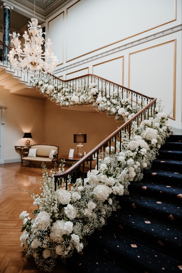 Staircase at Rise Hall dressed in white flowers
