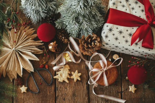Christmas scene with pine cones, present and ribbon