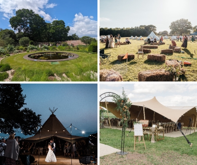 collage of images of Escrick Park and weddings there with tipis