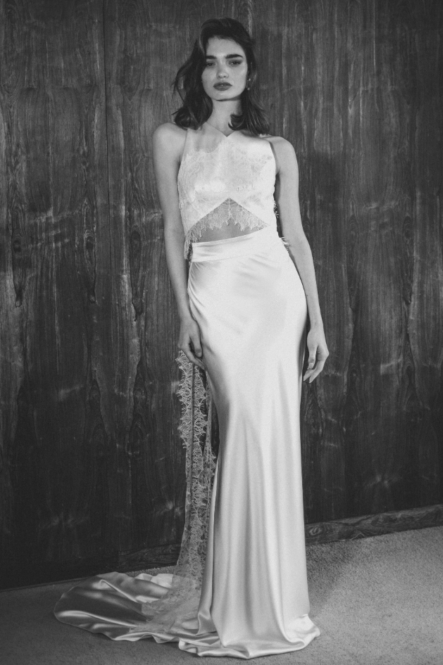top is a cropped bodice hand embroidered with delicate lace long ribbons at the back, SOPHIA skirt is cut on the bias to skim and drape over