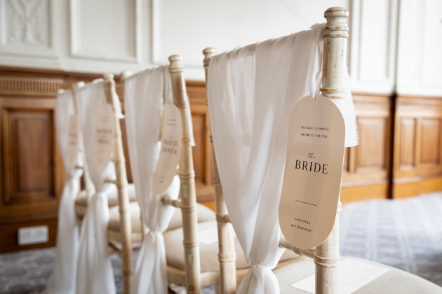 chair sashes and place names on chiavari chairs