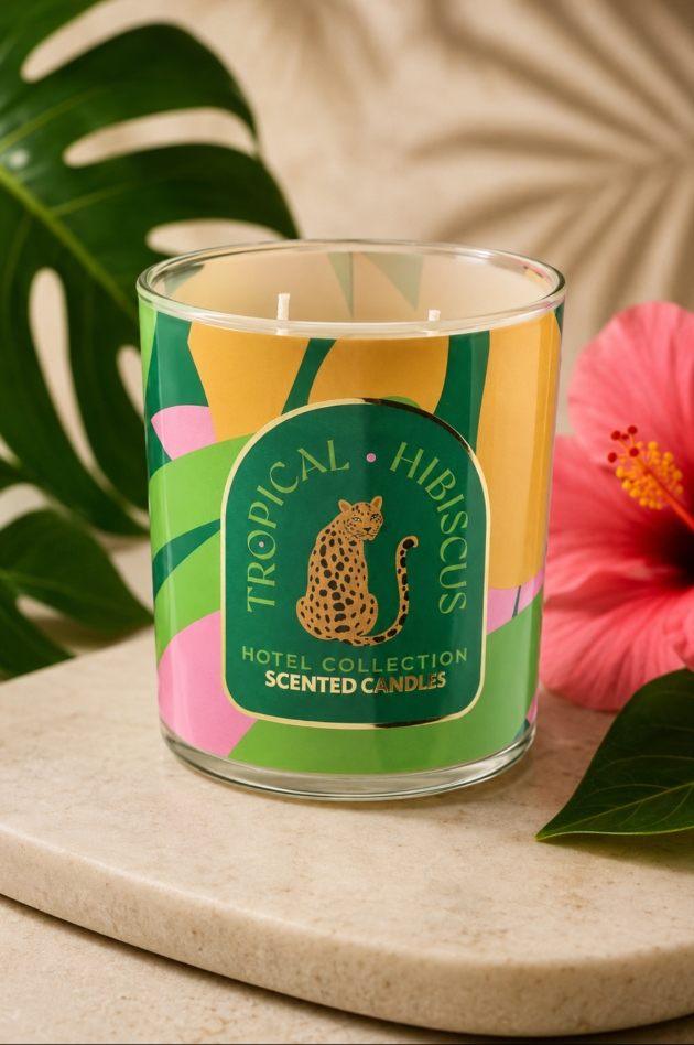 tropical candle colourful label with a leopard