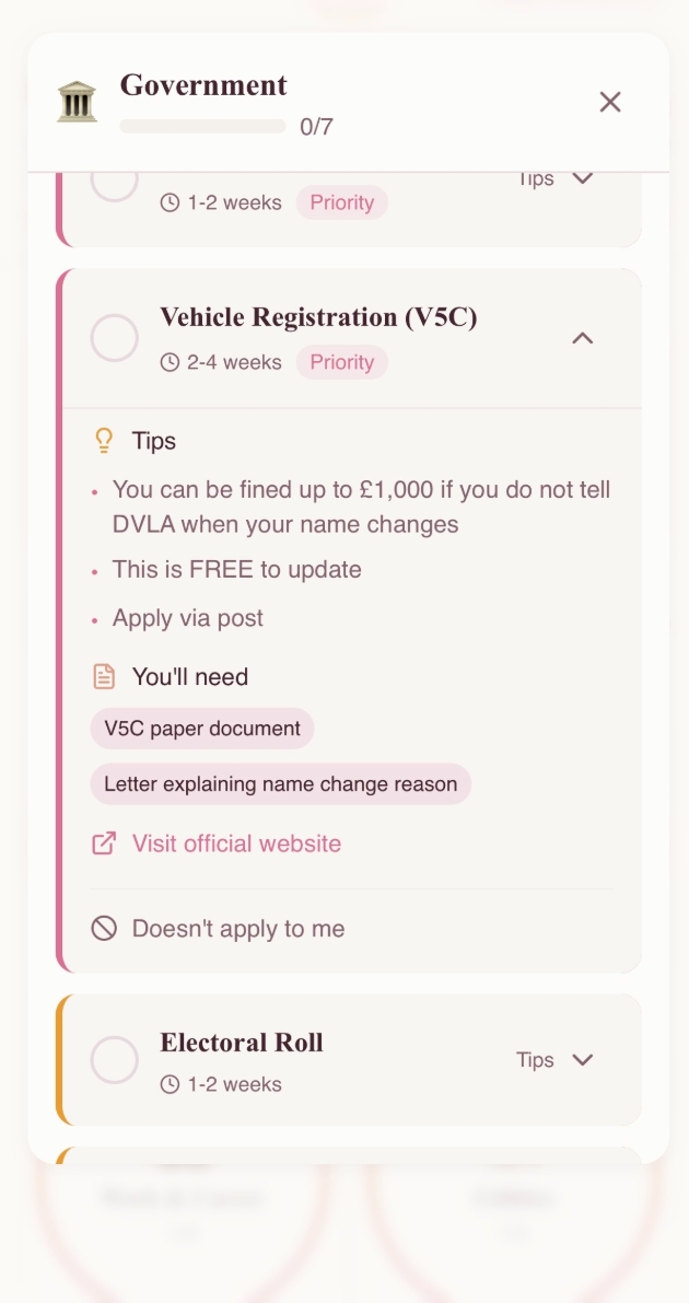 Name Change Navigator screen - vehicle registration