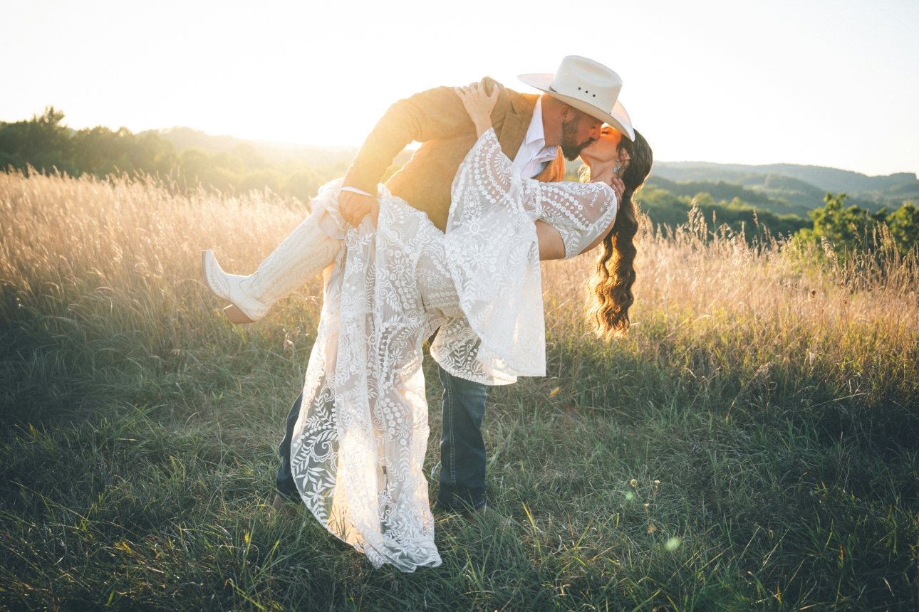 couple married outdoors in country themed attire